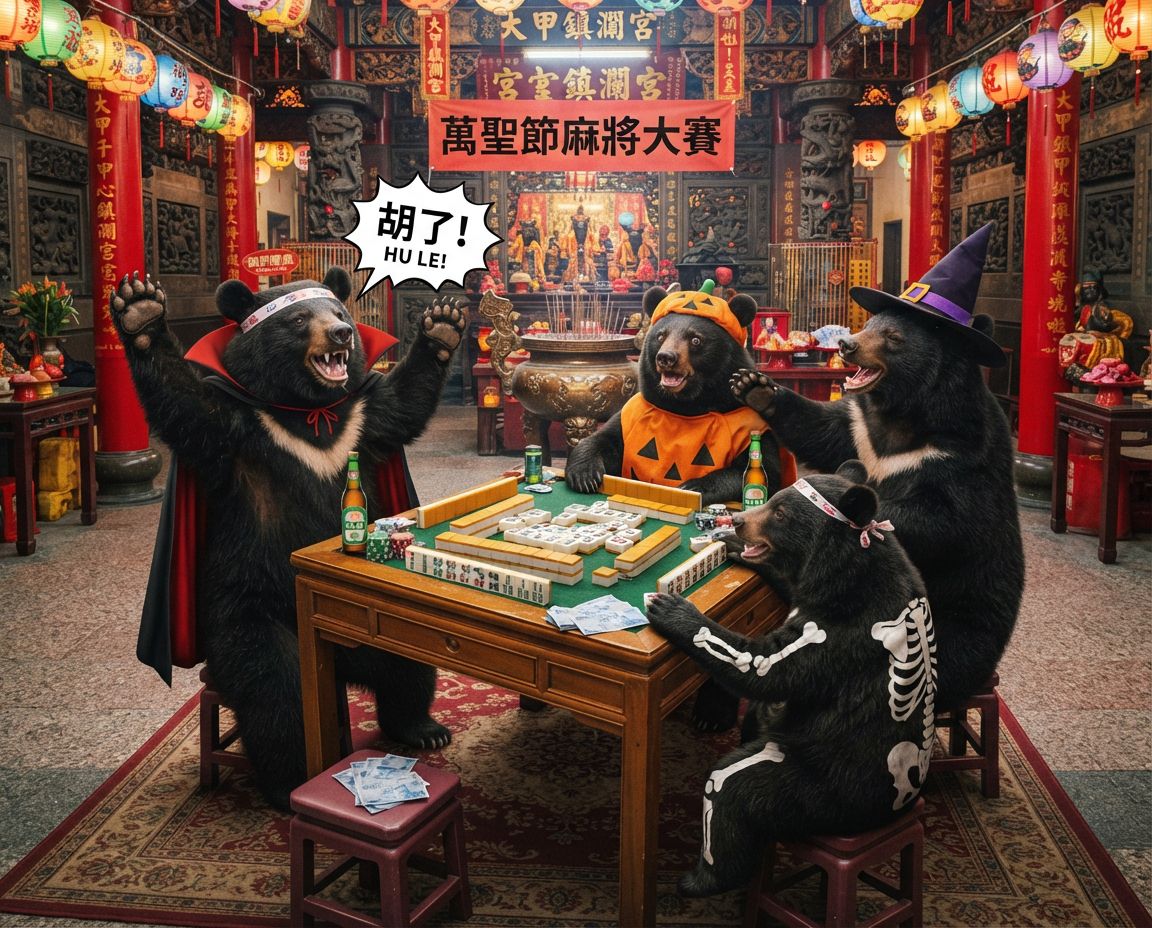 南瓜黑熊狂撈海底撈月,大甲媽祖觀戰黑熊三缺一,台灣黑熊深夜突襲行天宮,萬聖節不給糖就搗蛋改摸八萬,萬聖節不給糖就放砲摸兩圈,萬聖節不扮鬼改辦沉浸式麻將大賽,台灣熊愛打麻將,台灣黑熊打麻將,碰牌胡牌大三元,聽牌摸牌洗牌打麻將,行天宮香爐旁邊竟然在連莊胡牌